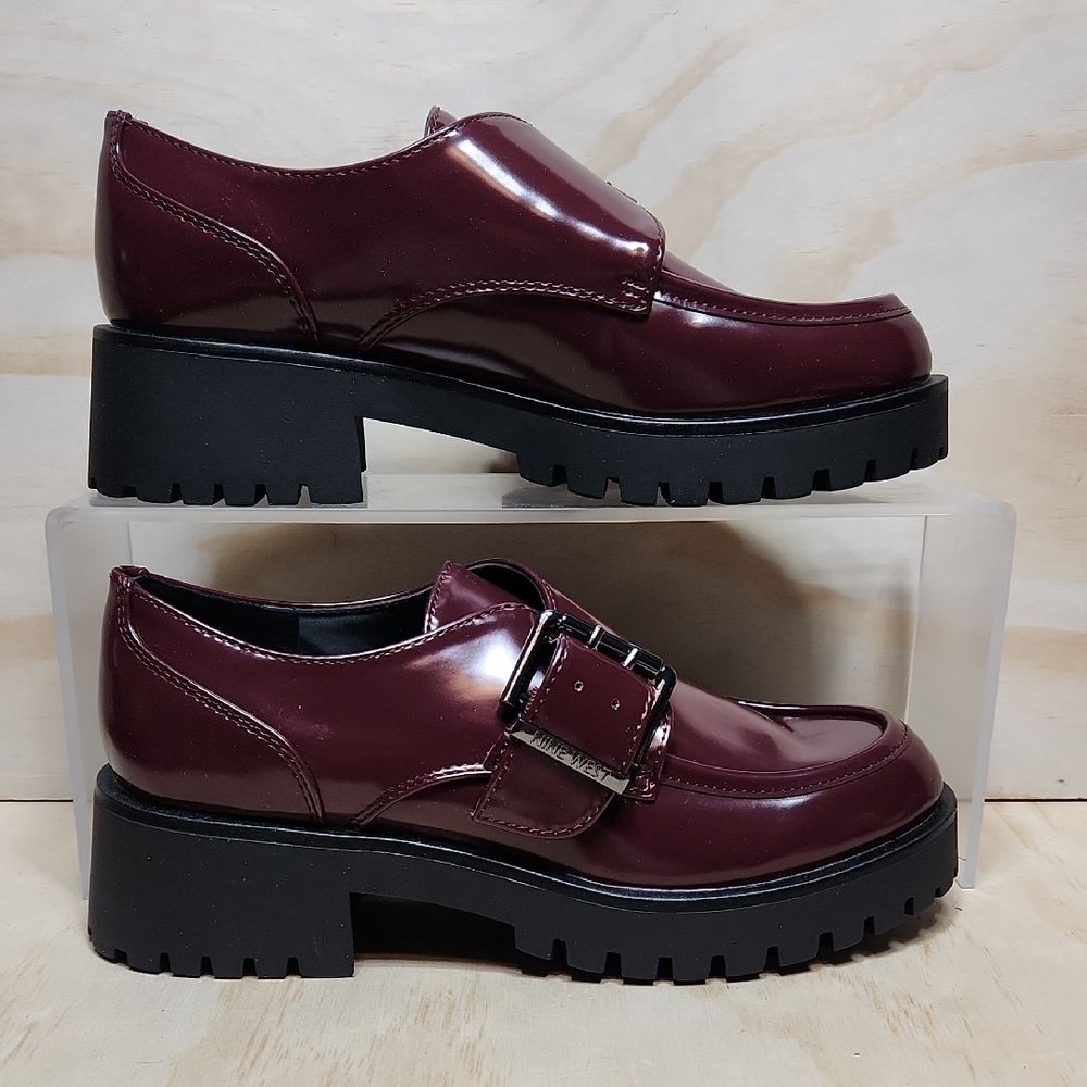 Nine West Araise Maroon Dark Red Patent Loafers Buckle Platform Faux Leather 5